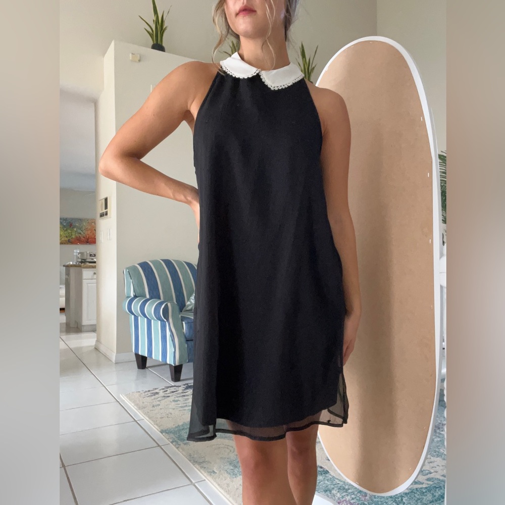 ELLE Vintage Black Dress with White Collar Size Medium